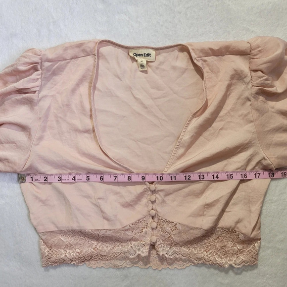 Open Edit Blush Pink Long Sleeve Satin Crop Top Ruched Buttons Victorian Size M - Picture 9 of 10